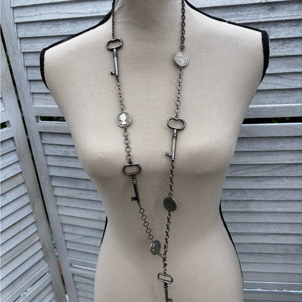 Vintage-Inspired Long Key & Coin Pendant Necklace – Blackened Silver